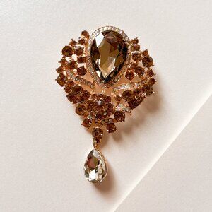 Large Vintage Smokey Quartz & Amber with Halo Brooch w/ White Dangling Gem